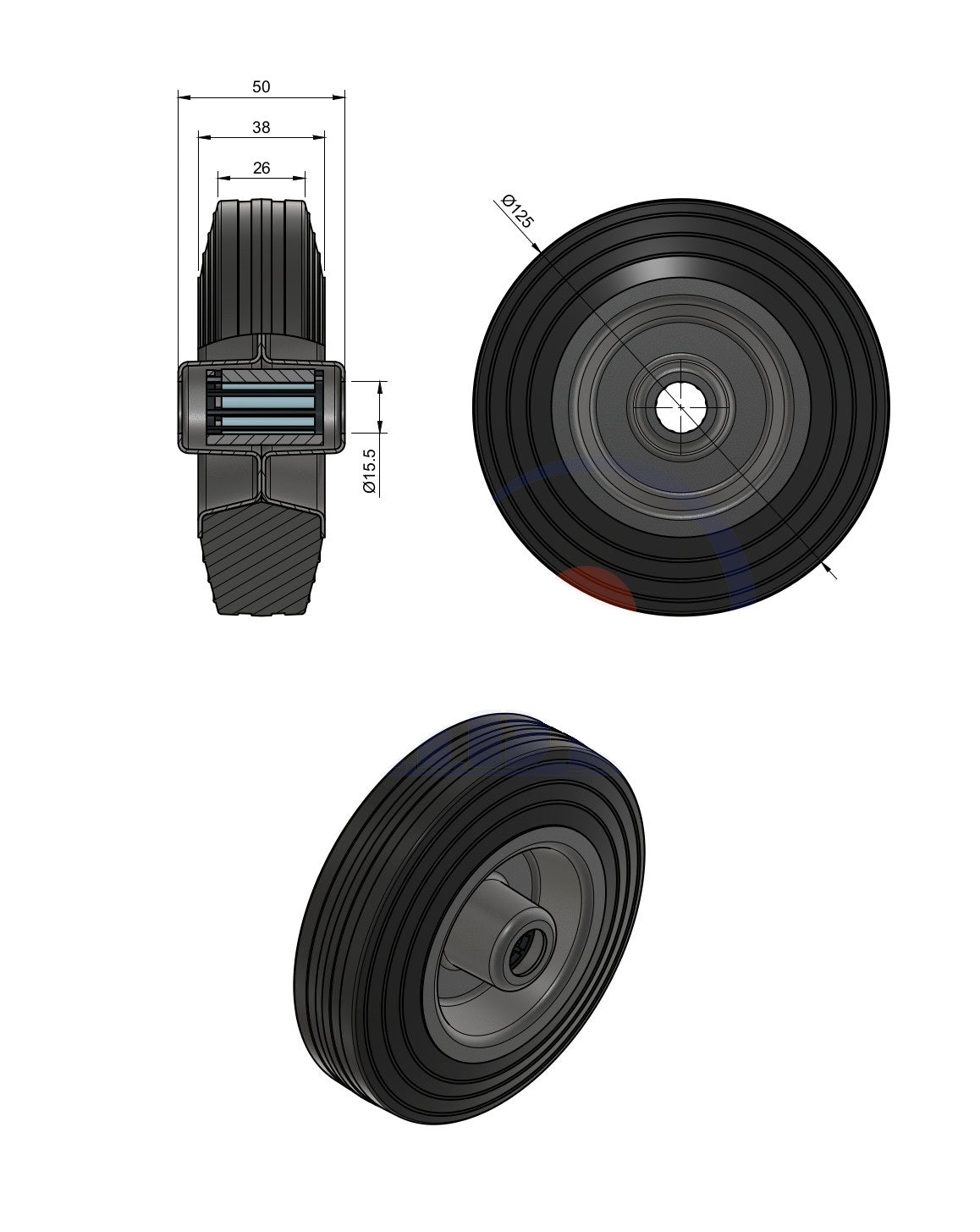 Koło transportowe fi 125mm metalowo gumowe łożysko wałeczkowe otwór 15mm - 20