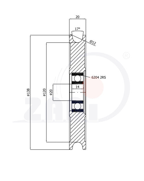 Rolka metalowa 140 mm na linkę ø12 mm CM140/12Ł/20