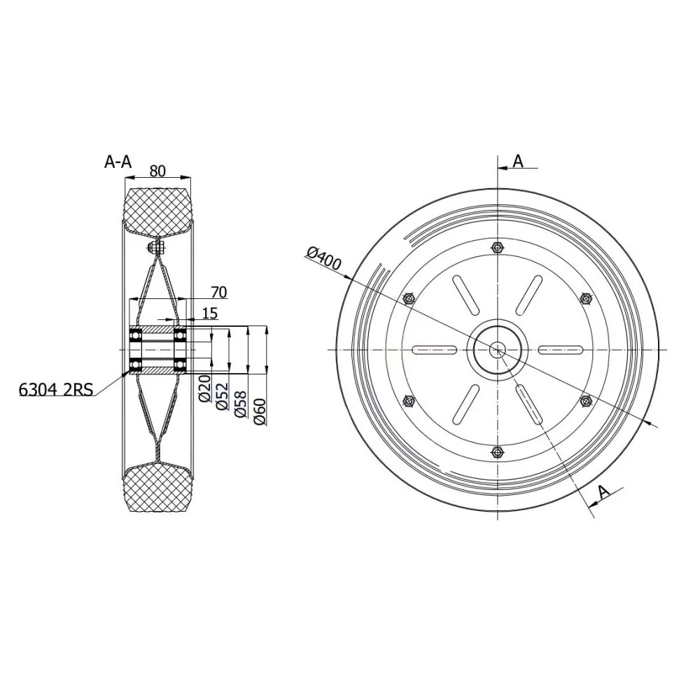Koło fi 400 mm metalowo-gumowe - 400Ł RYSUNEK TECHNICZNY