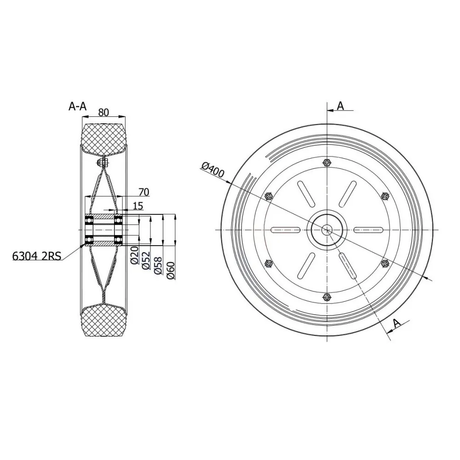 Koło fi 400 mm metalowo-gumowe - 400Ł RYSUNEK TECHNICZNY
