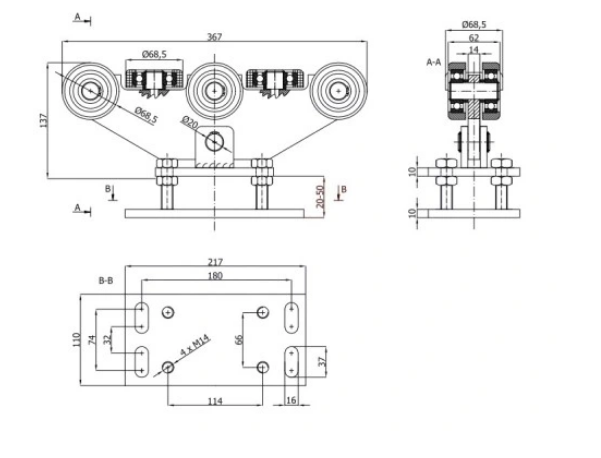 Wózki do bramy przesuwnej 8 rolkowy wózki (PROFIL 80x80x5mm) - WR-8MM-80