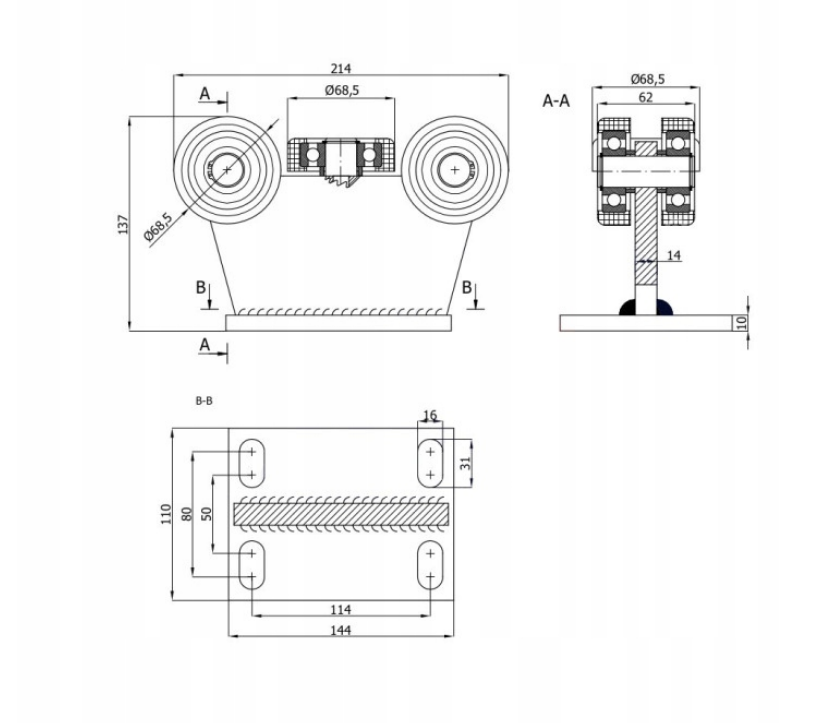 Wózek 5 rolkowy, stały bez regulacji wysokości do bramy przesuwnej do profilu: 80x80x5 - 5T-80