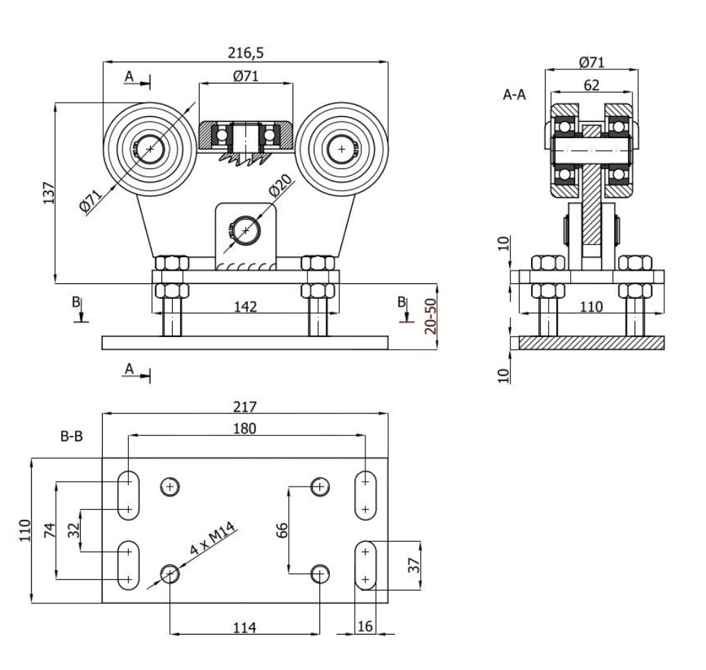 Wózek do bramy - 5 rolkowy, wahliwy (PROFIL 80x80x4mm) - WR-5M-80/4