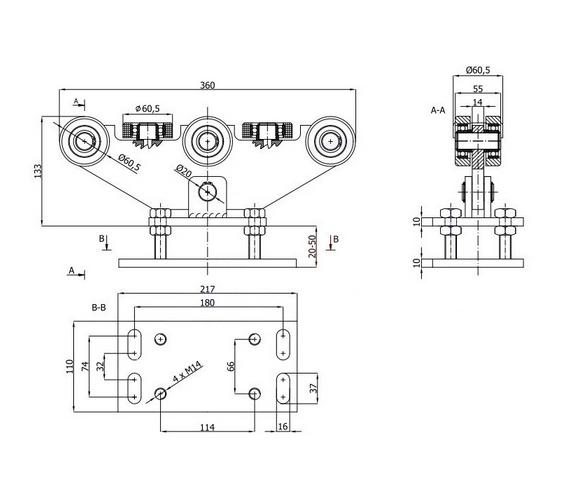 Wózek do bramy - 8 rolkowy, wahliwy (PROFIL 70x70x4mm) - WR-8T-70