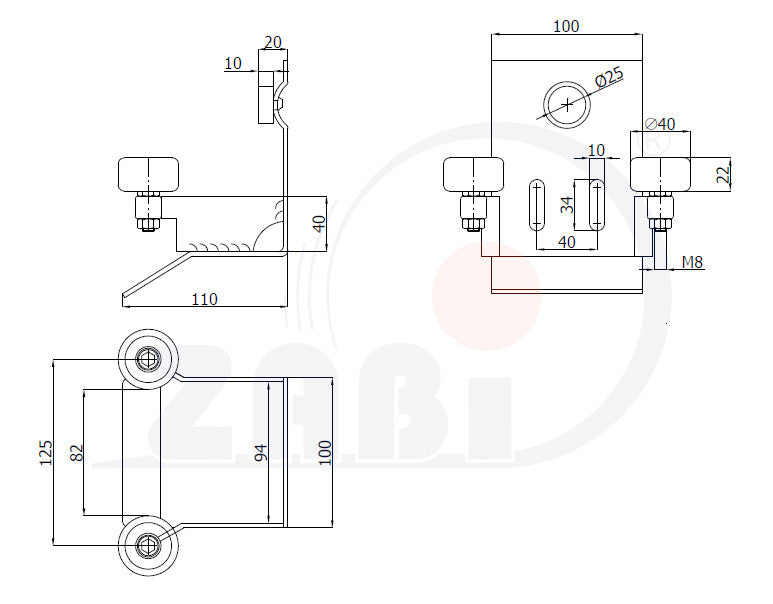 Gniazdo najazdowe z rolkami 80x80 mm do bramy GNR-80, rysunek techniczny z wymiarami