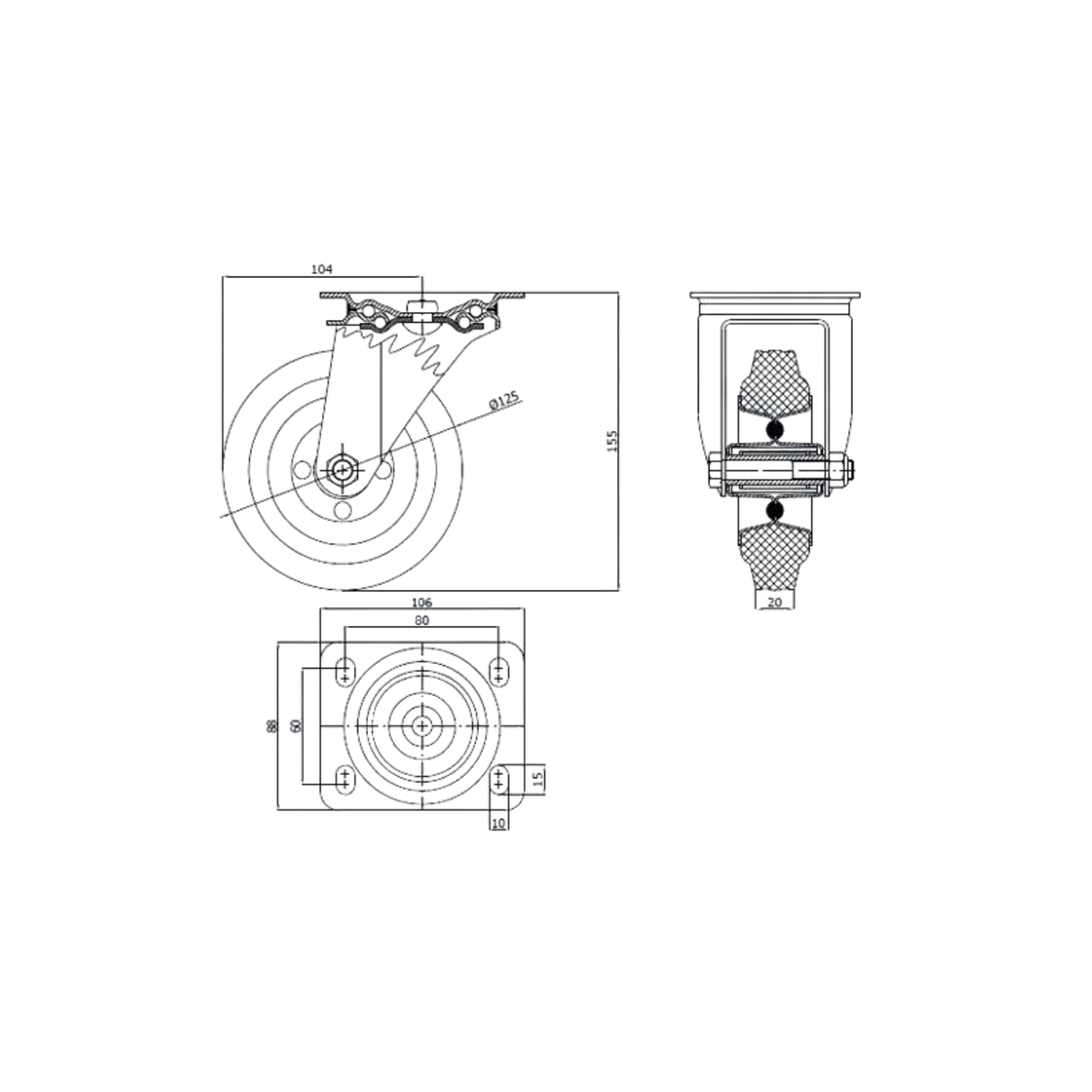Koło metalowo-gumowe fi 125mm w obudowie skrętnej - 22MS