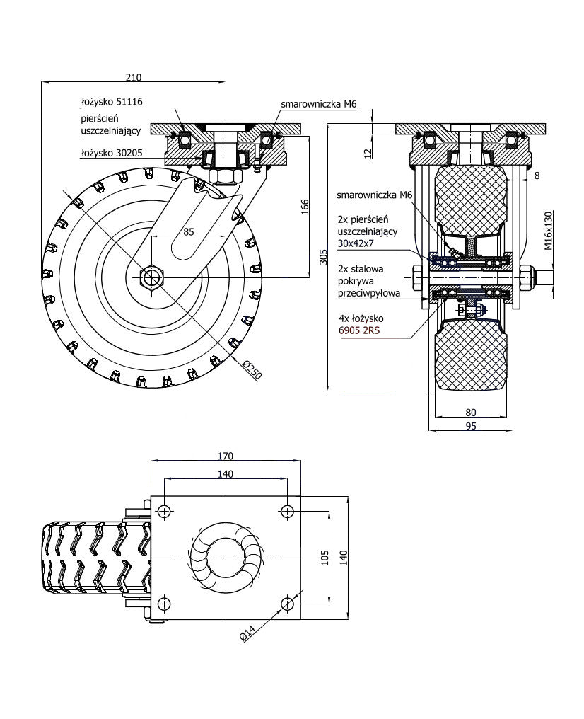 Koło 250 mm w obudowie skrętnej 92MGD, rysunek techniczny z wymiarami