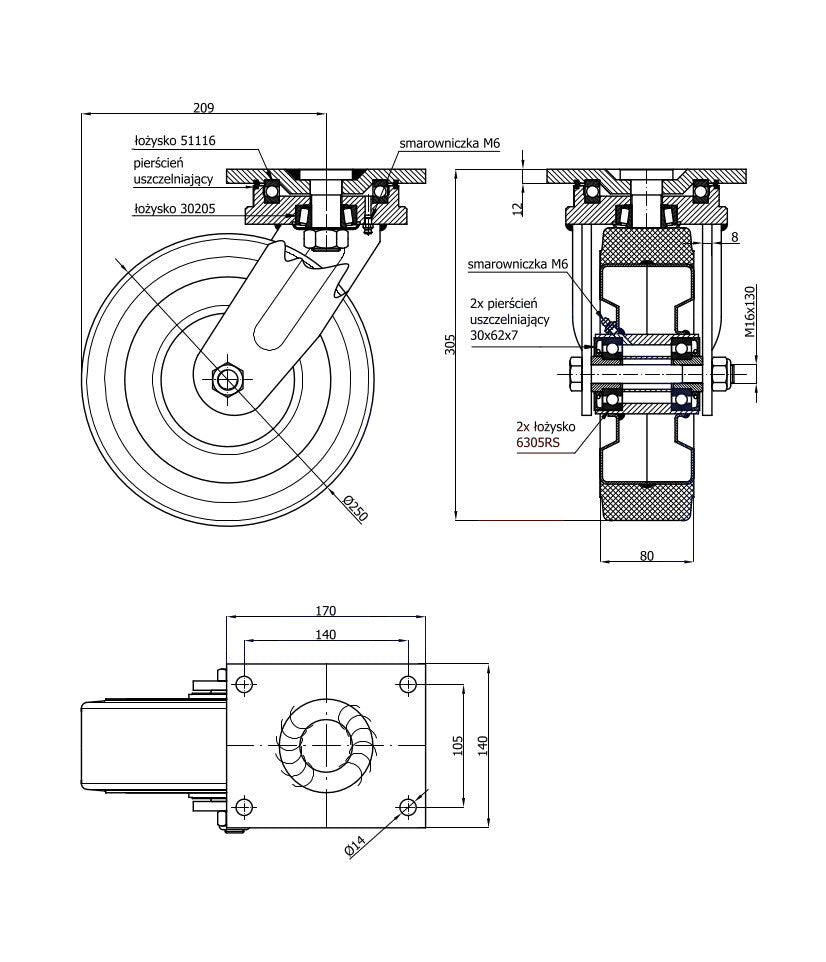 Koło 250 mm w obudowie skrętnej 92MPD, rysunek techniczny z wymiarami
