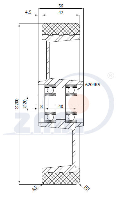 Koło 200x47 do wózka paletowego A60PP, rysunek techniczny z wymiarami
