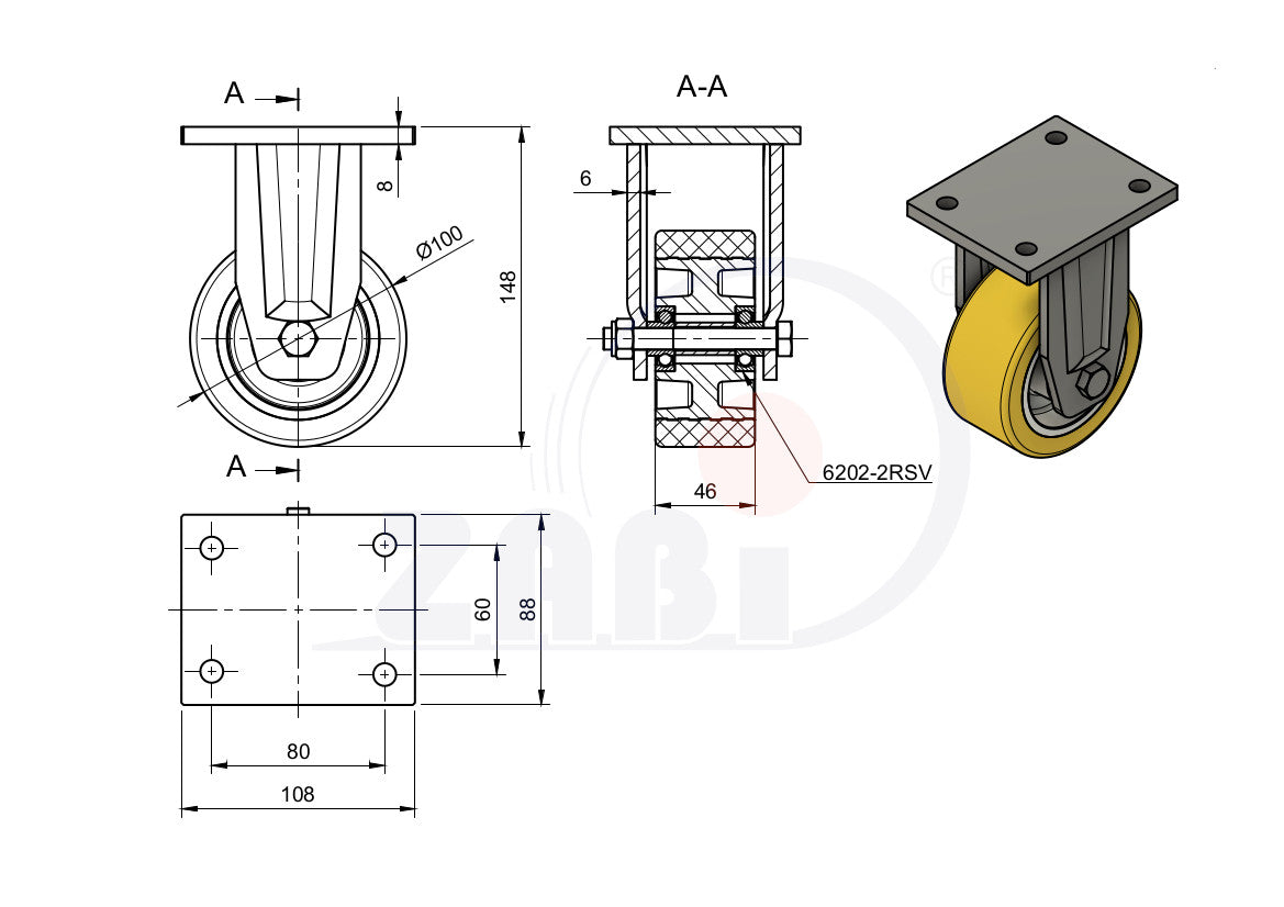 Koło aluminiowo-poliuretanowe 100 mm w obudowie stałej spawanej A13PD, rysunek techniczny z wymiarami