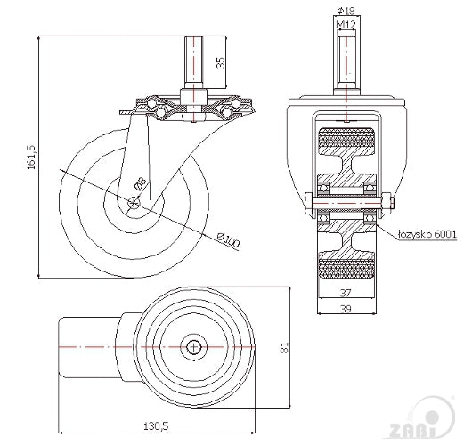 Koło aluminiowo-poliuretanowe 100 mm w obudowie z trzpieniem M12x35 A14P*M12, rysunek techniczny z wymiarami
