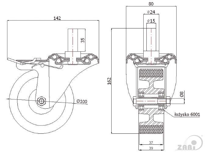 Koło aluminiowo-poliuretanowe 100 mm w obudowie z trzpieniem ø15x35 i hamulcem A16PH*15, rysunek techniczny