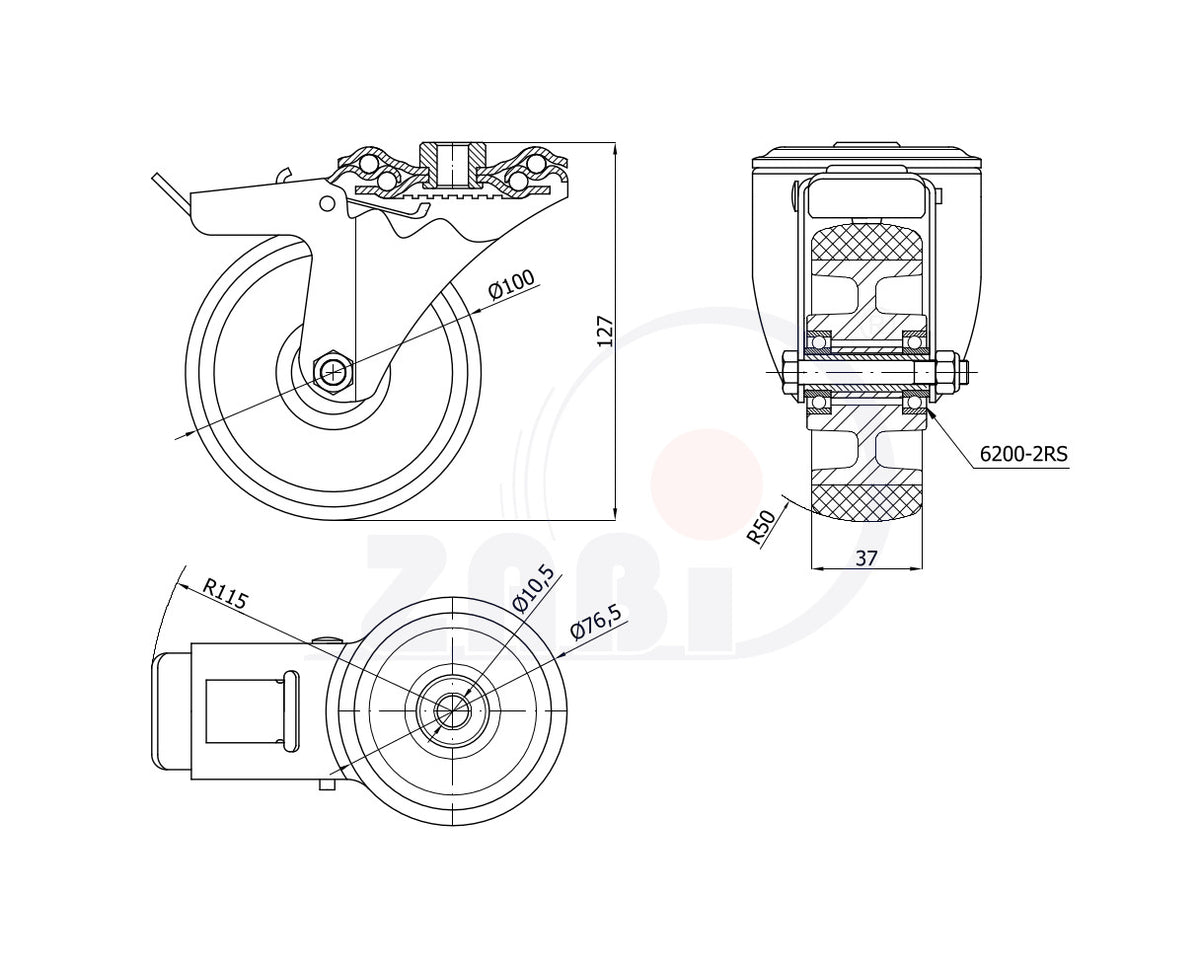Koło aluminiowo-poliuretanowe 100 mm w obudowie z otworem i hamulcem A17PH, rysunek techniczny z wymiarami