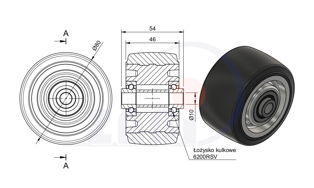 Koło aluminiowo-gumowe 80 mm otwór 10 mm A1G, rysunek techniczny z wymiarami