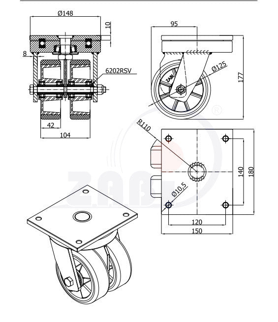 Koło aluminiowo-poliuretanowe 125 mm w obudowie skrętnej spawanej A22PD2, rysunek techniczny z wymiarami