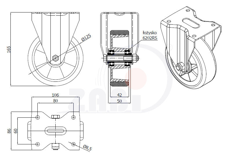Koło aluminiowo-poliuretanowe 125 mm w obudowie stałej A23PW, rysunek techniczny z wymiarami