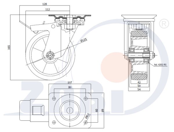Koło aluminiowo-gumowe 125 mm w obudowie skrętnej z hamulcem A25GWH, rysunek techniczny z wymiarami