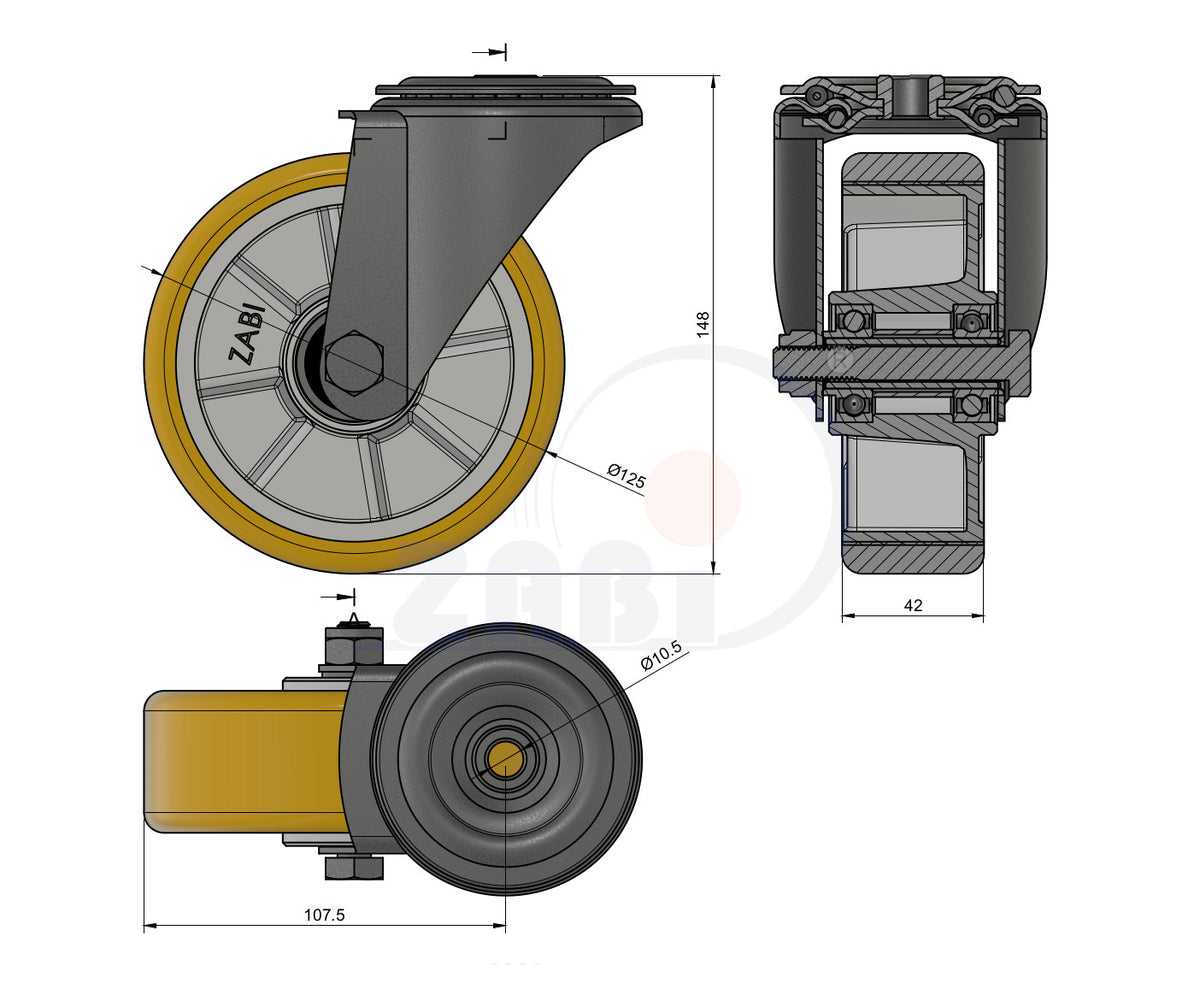 Koło aluminiowo-poliuretanowe 125 mm w obudowie skrętnej z otworem A27MP/10, rysunek techniczny z wymiarami