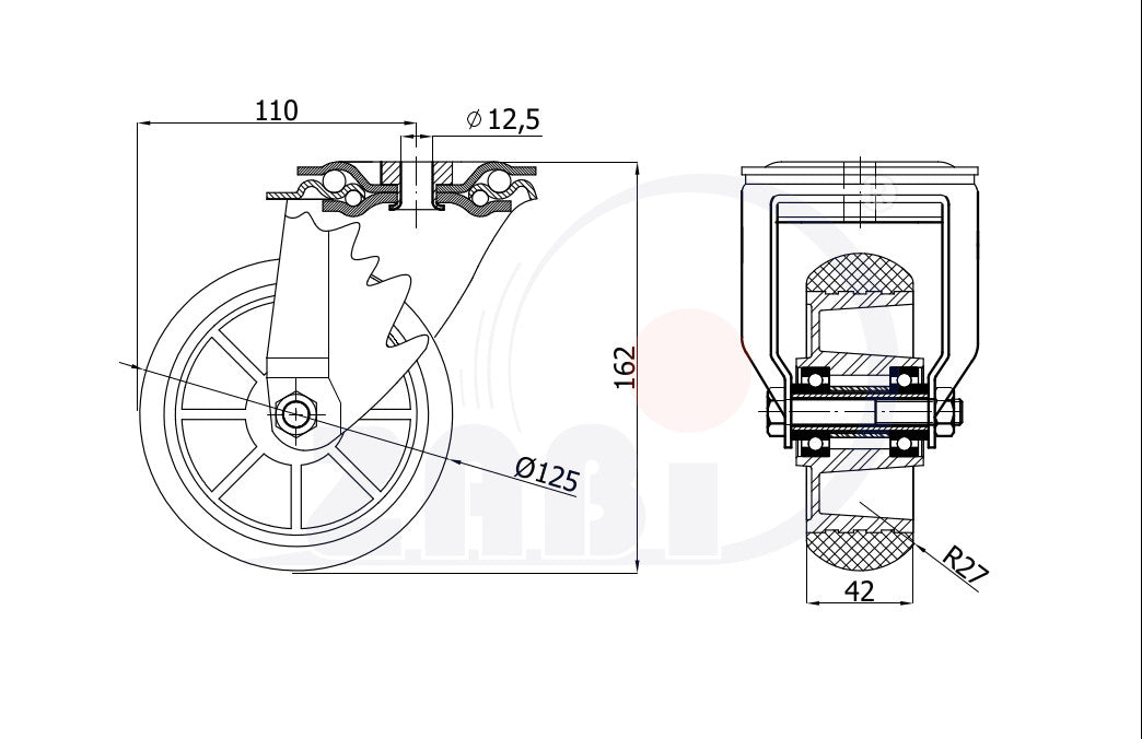 Koło aluminiowo-poliuretanowe 125 mm w obudowie skrętnej z otworem A27PR, rysunek techniczny z wymiarami
