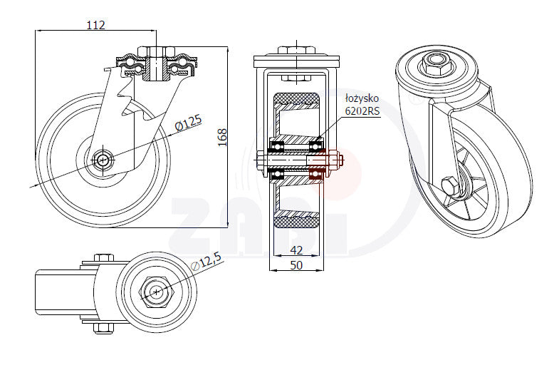 Koło aluminiowo-poliuretanowe 125 mm w obudowie skrętnej z otworem A27PW, rysunek techniczny z wymiarami