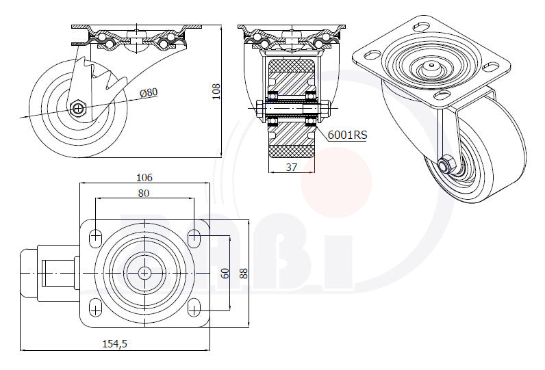 Koło aluminiowo-poliuretanowe 80 mm w obudowie skrętnej A3P, rysunek techniczny z wymiarami