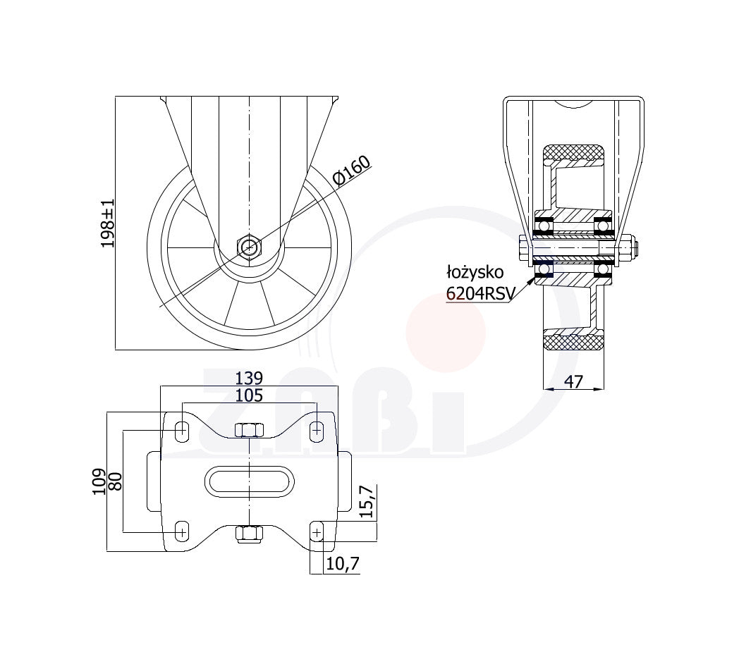 Koło aluminiowo-poliuretanowe 160 mm w obudowie stałej A43P, rysunek techniczny z wymiarami