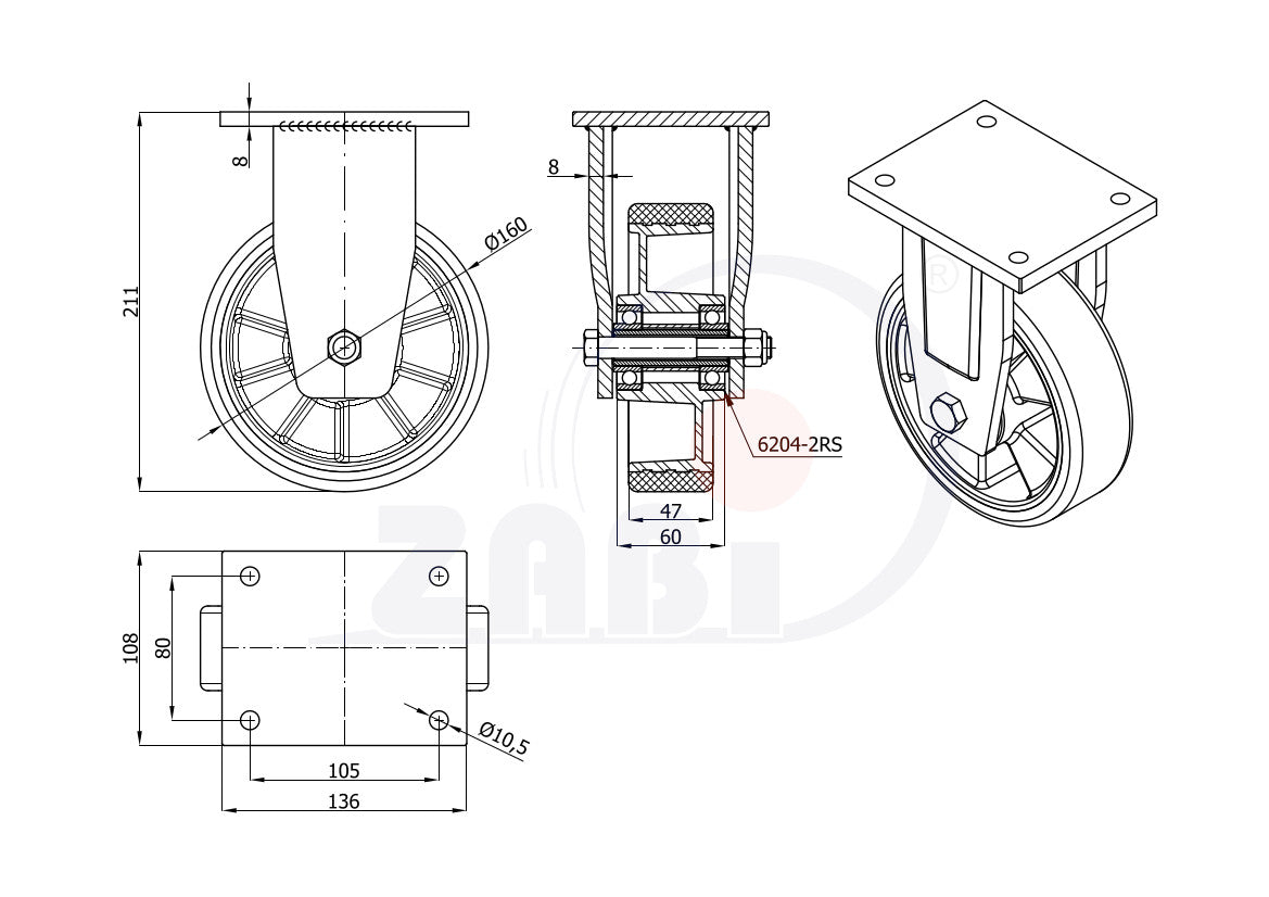 Koło aluminiowo-poliuretanowe 160 mm w obudowie stałej spawanej A43PD, rysunek techniczny z wymiarami