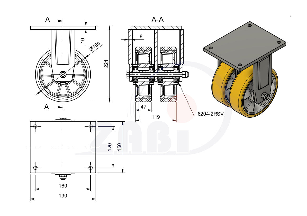 Koło aluminiowo-poliuretanowe 160 mm w obudowie stałej spawanej A43PD2, rysunek techniczny z wymiarami