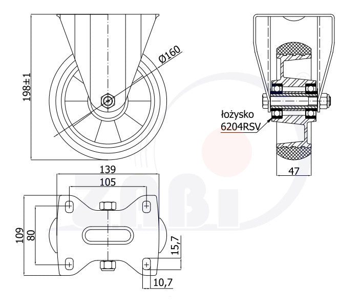 Koło aluminiowo-poliuretanowe 160 mm w obudowie stałej A43PR, rysunek techniczny z wymiarami