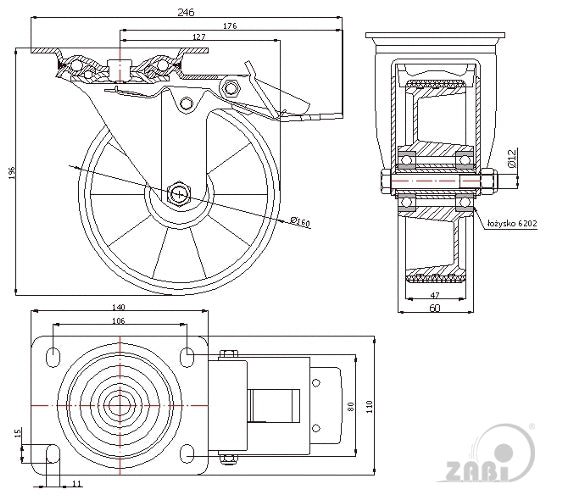 Koło aluminiowo-poliuretanowe 160 mm w obudowie skrętnej z hamulcem A45PWH, rysunek techniczny z wymiarami