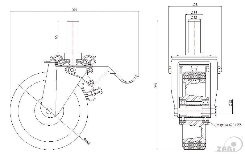 Koło aluminiowo-poliuretanowe 160 mm w obudowie z trzpieniem ø32x56 i hamulcem A46PH*32, rysunek techniczny