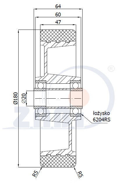 Koło aluminiowo-poliuretanowe 180 mm otwór 20 mm A50P, rysunek techniczny z wymiarami