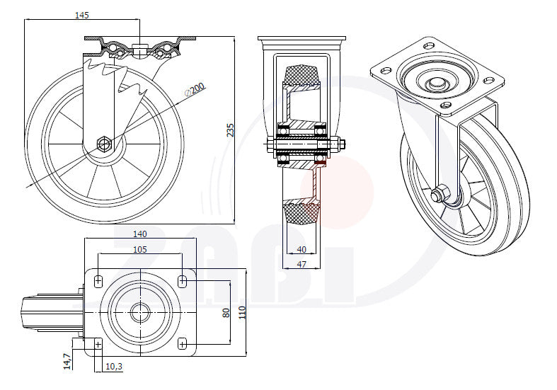 Koło aluminiowo-gumowe 200 mm w obudowie skrętnej A62GSW, rysunek techniczny z wymiarami