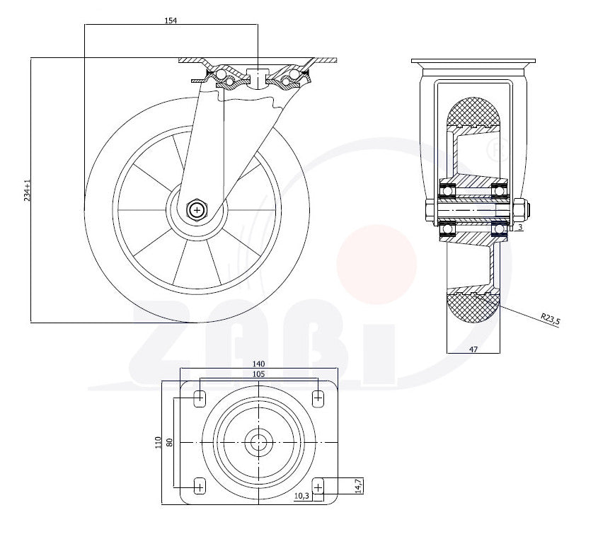 Koło aluminiowo-poliuretanowe 200 mm w obudowie skrętnej A62PR, rysunek techniczny z wymiarami