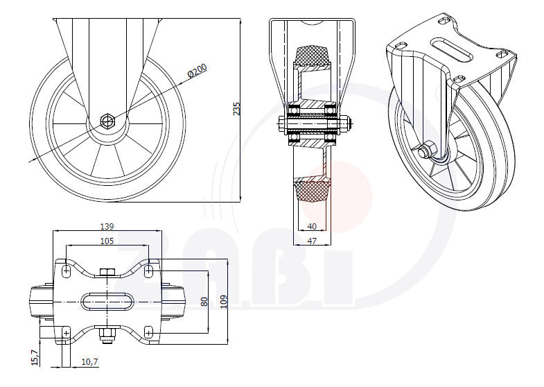 Koło aluminiowo-gumowe 200 mm w obudowie stałej A63GS, rysunek techniczny z wymiarami
