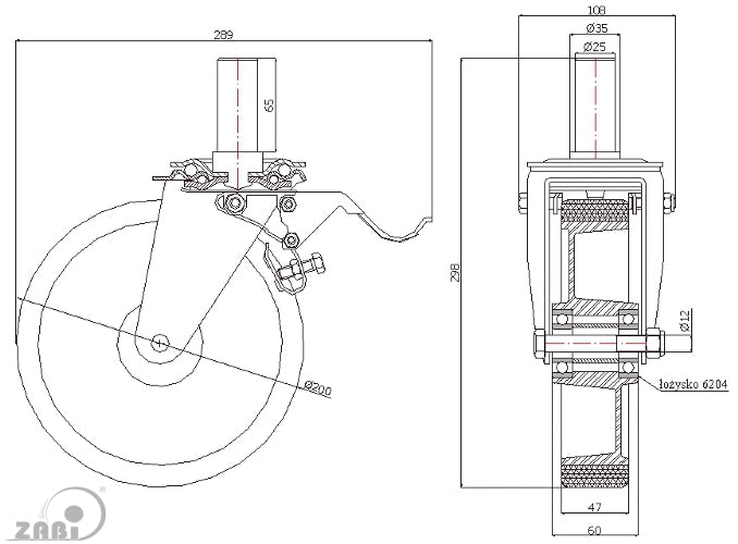 Koło aluminiowo-poliuretanowe 200 mm w obudowie z trzpieniem ø25x65 i hamulcem A66PH*25, rysunek techniczny