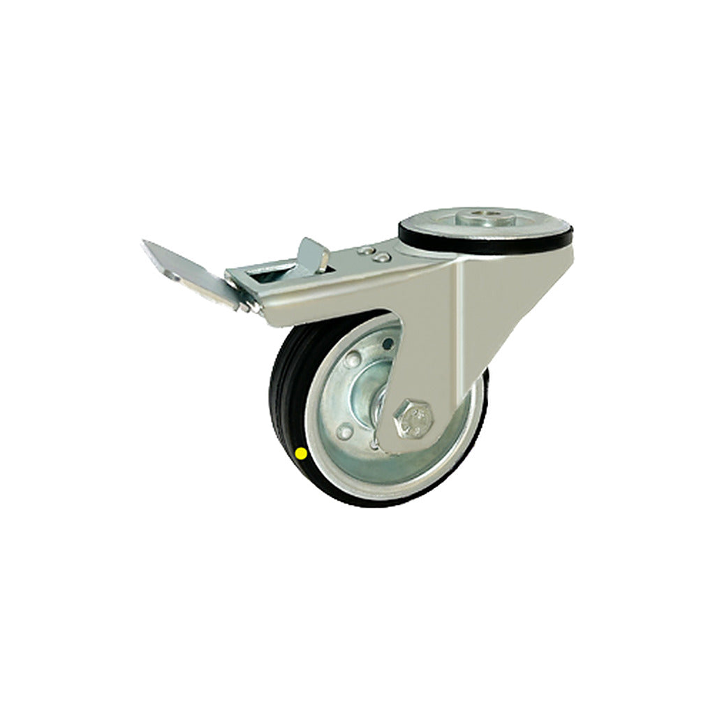 Koło elektrostatyczne metalowo-gumowe 80 mm w obudowie z otworem i hamulcem 8H-AS