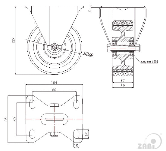 Koło elektrostatyczne aluminiowo-poliuretanowe 100 mm w obudowie stałej A13P-AS, rysunek techniczny z wymiarami