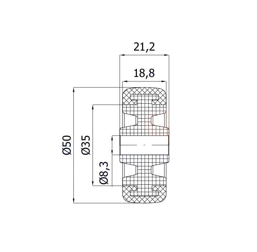 Koło meblowe tworzywowo-poliuretanowe 50 mm otwór 8 mm M50TPU, rysunek techniczny z wymiarami
