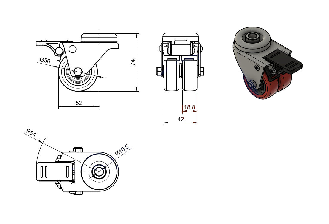 Koło meblowe typu tandem 50 mm w obudowie z otworem i hamulcem M57TPUH2, rysunek techniczny