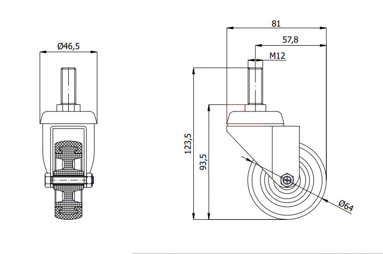 Koło meblowe 64 mm w obudowie z trzpieniem M12x30 M64T*M12, rysunek techniczny z wymiarami