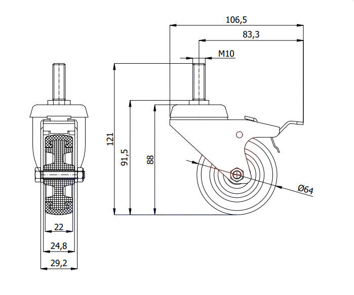 Koło meblowe 64 mm w obudowie z trzpieniem M10x30 i hamulcem M64TH*M10, rysunek techniczny
