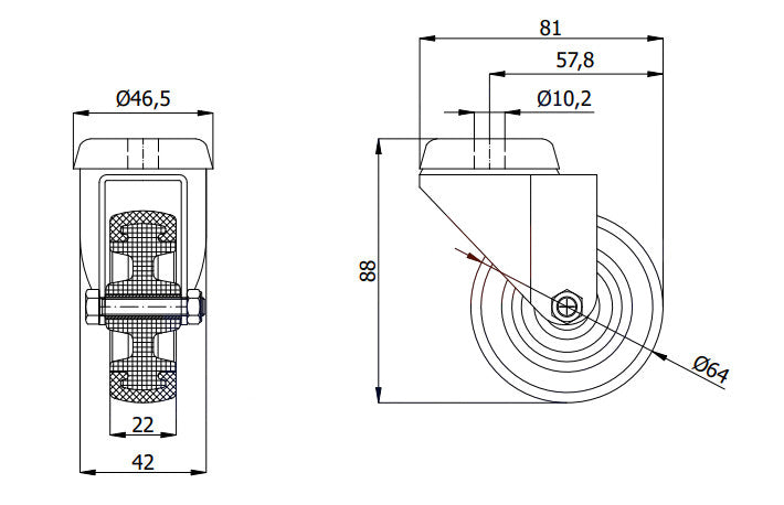 Koło meblowe 64 mm w obudowie skrętnej z otworem M67T, rysunek techniczny z wymiarami