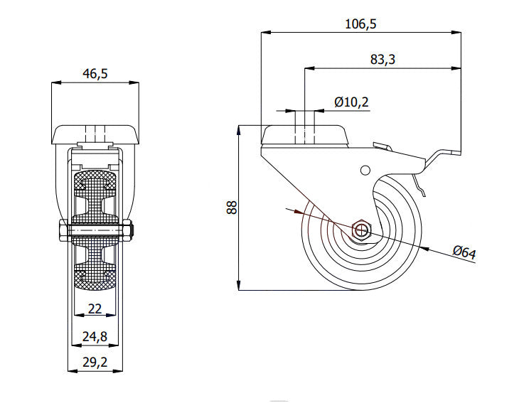 Koło meblowe 64 mm w obudowie z otworem i hamulcem M67TH, rysunek techniczny z wymiarami