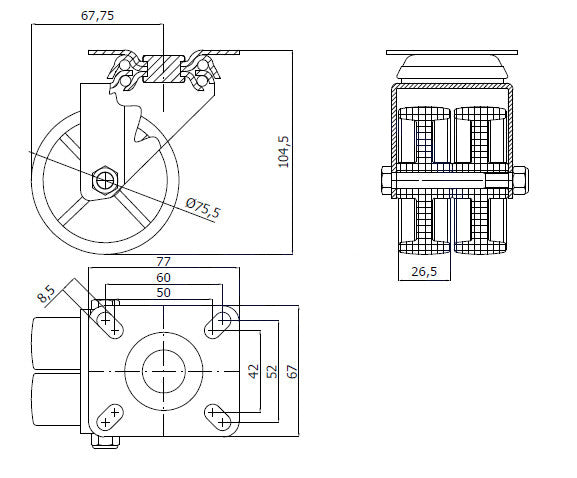 Koło meblowe typu tandem 75 mm w obudowie skrętnej M72B2, rysunek techniczny z wymiarami