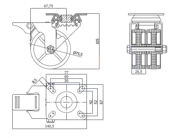 Koło meblowe typu tandem 75 mm w obudowie skrętnej z hamulcem M72BH2, rysunek techniczny