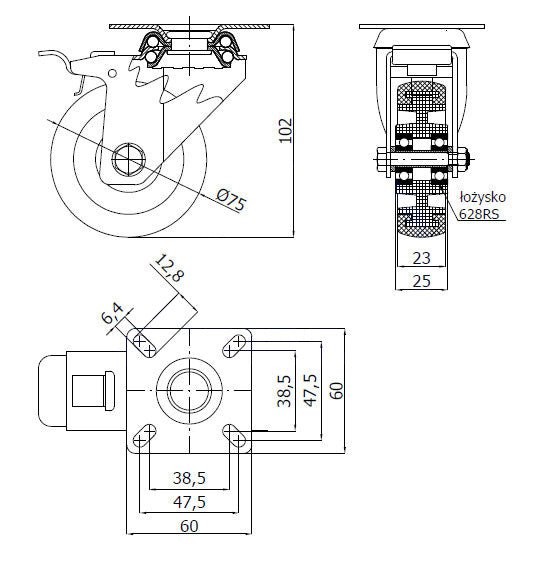 Koło meblowe 75 mm w obudowie skrętnej z hamulcem M72TŁH, rysunek techniczny z wymiarami
