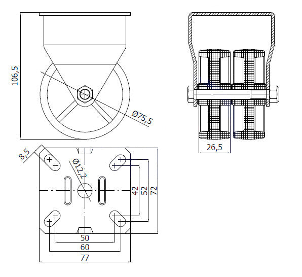 Koło meblowe typu tandem 75 mm w obudowie stałej M73B2, rysunek techniczny z wymiarami