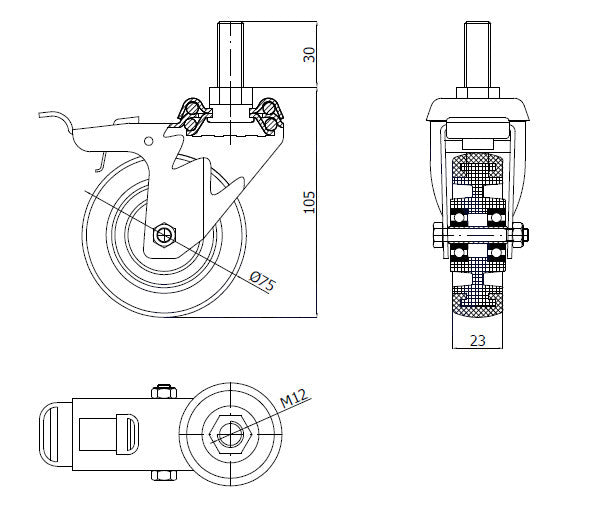 Koło meblowe 75 mm w obudowie z trzpieniem M12x30 i hamulcem M74TŁH*M12, rysunek techniczny