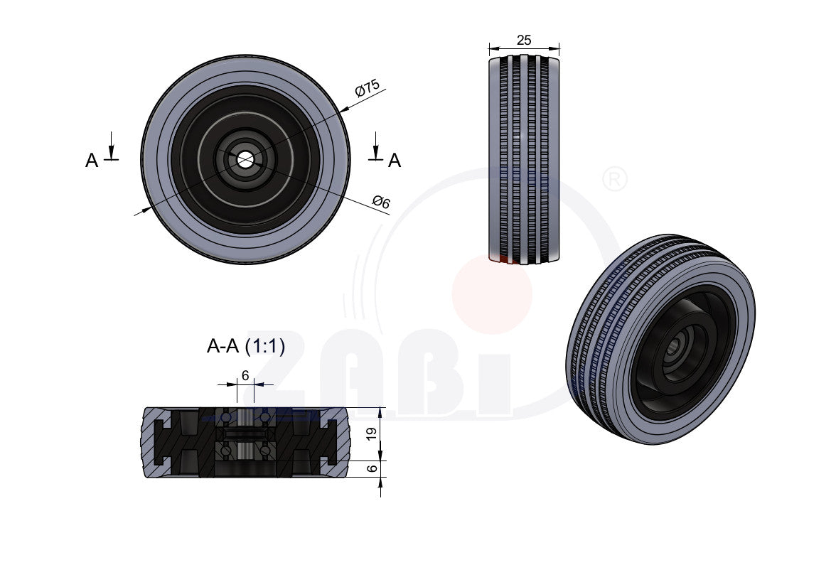 Koło meblowe 75 mm otwór 6 mm M75TPUŁ/6, rysunek techniczny z wymiarami
